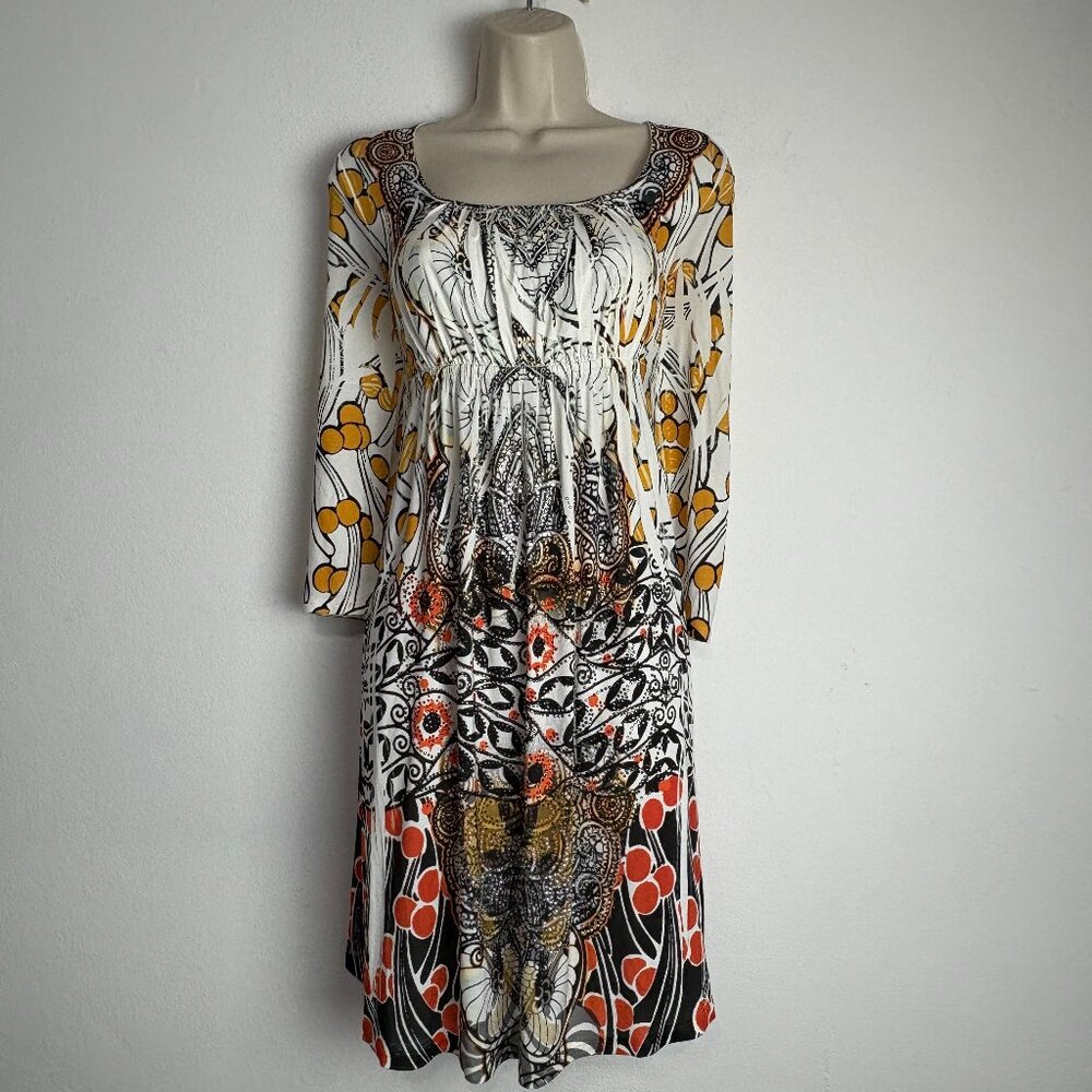 Y2K Boho Baroque Print Dress Rhinestone Embellished 3/4 Sleeve Mini Jersey Sz SM